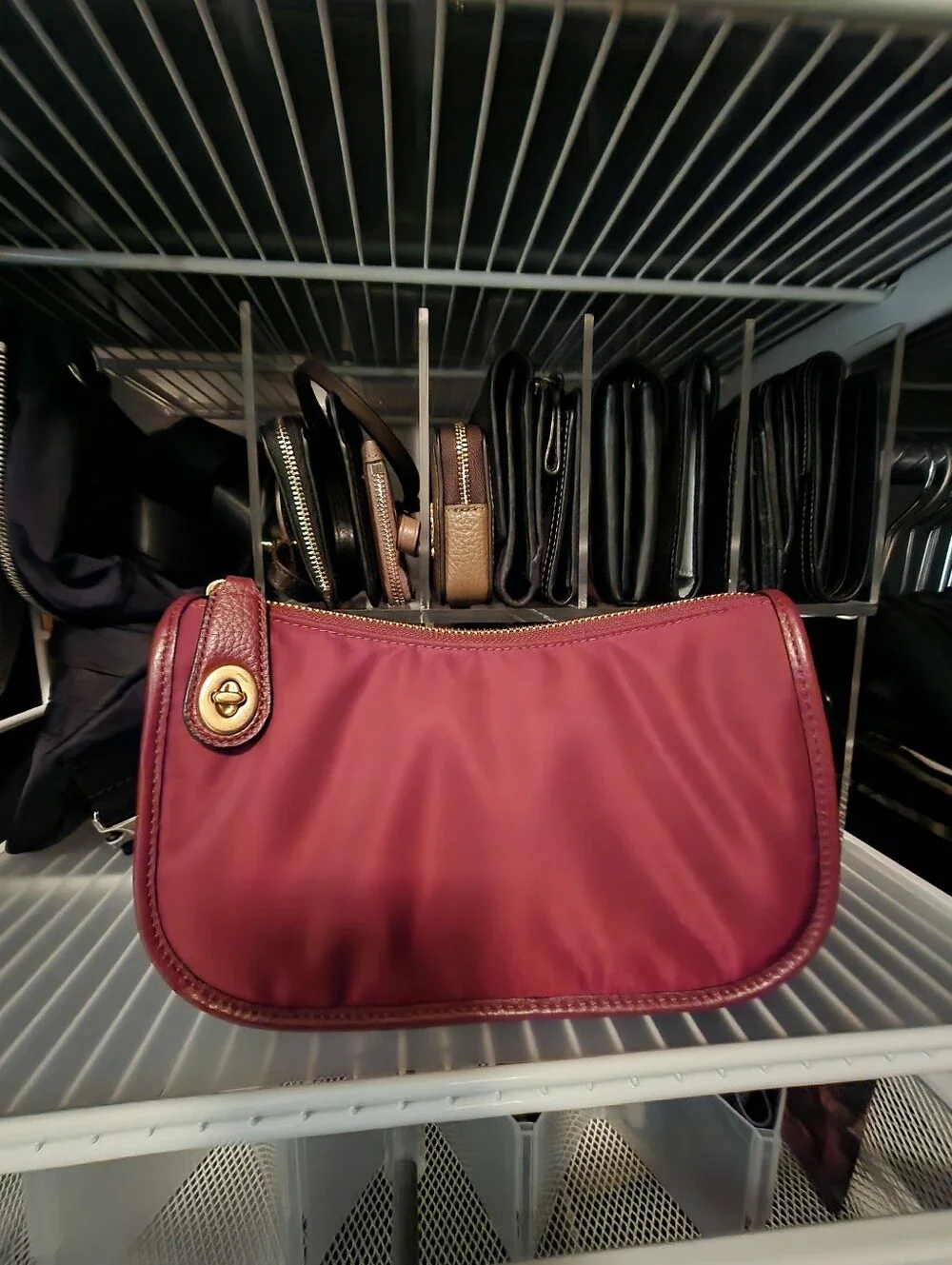Coach Wine Color Swinger Bag In Nylon With Leather Trim.